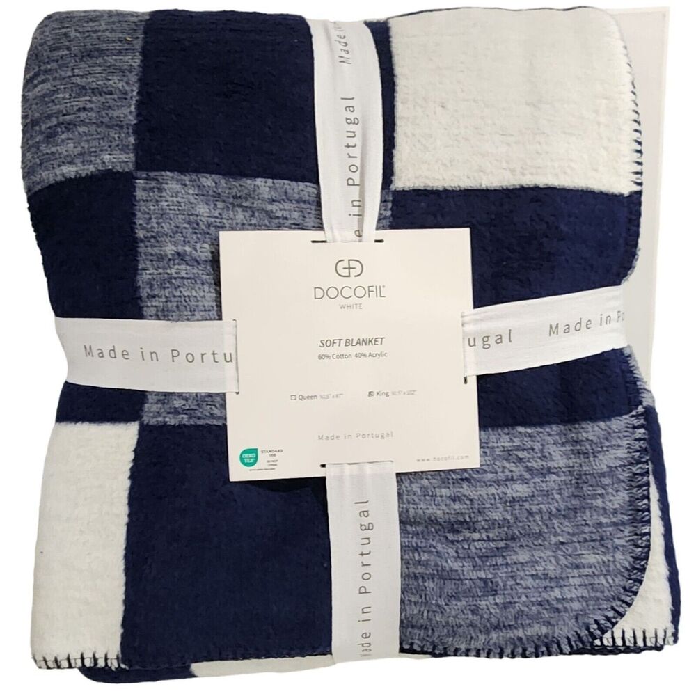 Docofil White‎ King Size Soft Blanket Cotton Blend Blue White Made In Portugal